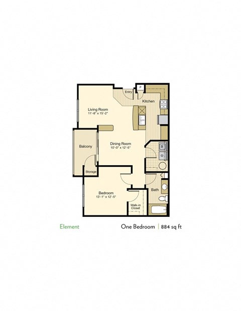Floor plan for 1 bed, 1 bath, 884 sqft
