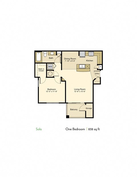 Floor plan for 1 bed, 1 bath, 838 sqft
