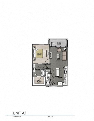 Floor plan for 1 bed, 1 bath, 756 sqft