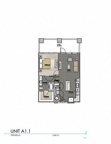 Floor plan for 1 bed, 1 bath, 777 sqft