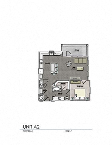 Floor plan for 1 bed, 1 bath, 891 sqft