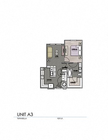 Floor plan for 1 bed, 1 bath, 714 sqft