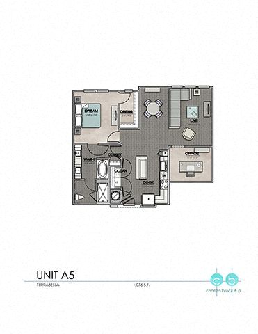 Floor plan for 1 bed, 1 bath, 1076 sqft