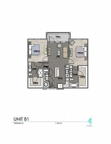 Floor plan for 2 beds, 2 baths, 1103 sqft