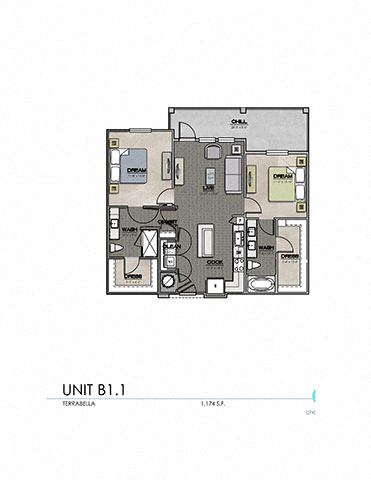 Floor plan for 2 beds, 2 baths, 1056 sqft