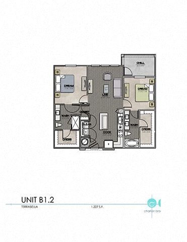 Floor plan for 2 beds, 2 baths, 1078 sqft
