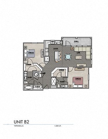 Floor plan for 2 beds, 2 baths, 1229 sqft