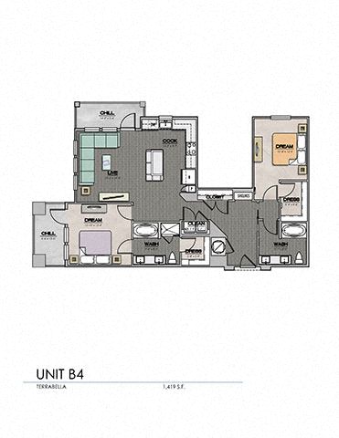 Floor plan for 2 beds, 2 baths, 1261 sqft