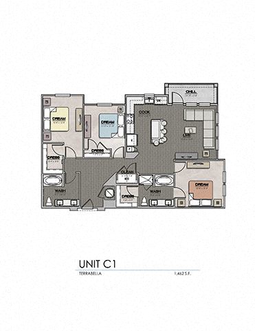 Floor plan for 3 beds, 2 baths, 1387 sqft