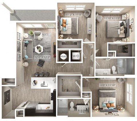 Floor plan for 3 beds, 2 baths, 1267 sqft
