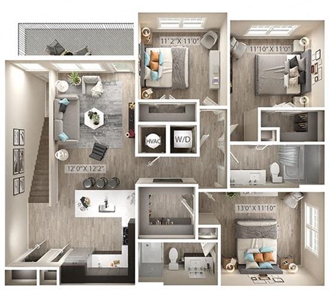 Floor plan for 3 beds, 2 baths, 1343 sqft