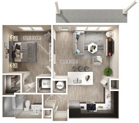 Floor plan for 1 bed, 1 bath, 719 sqft