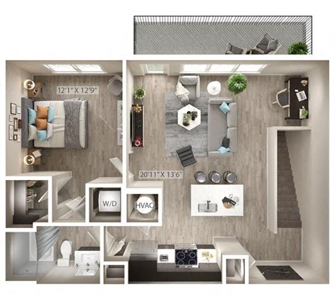 Floor plan for 1 bed, 1 bath, 860 sqft