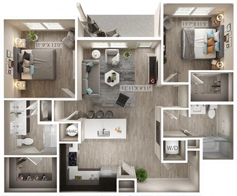 Floor plan for 2 beds, 2 baths, 1107 sqft
