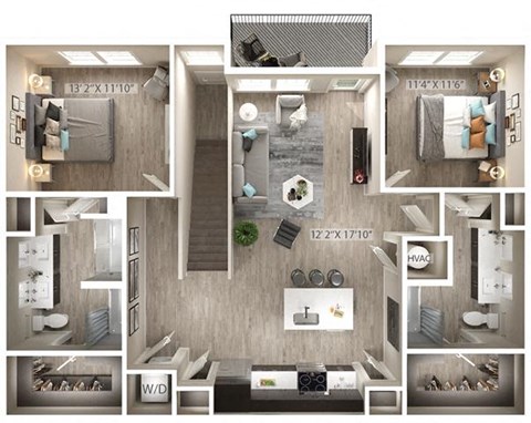 Floor plan for 2 beds, 2 baths, 1284 sqft