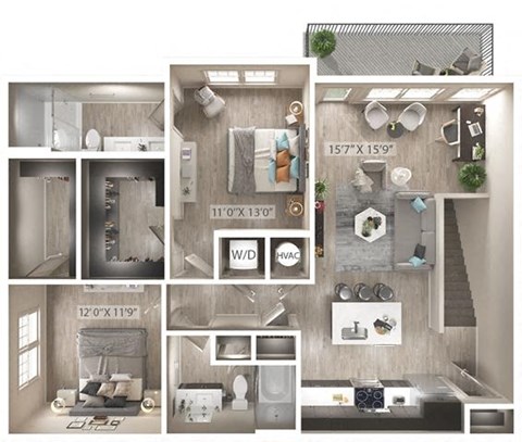 Floor plan for 2 beds, 2 baths, 1213 sqft