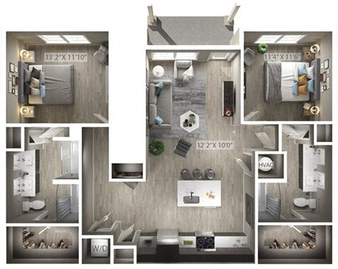 Floor plan for 2 beds, 2 baths, 1215 sqft