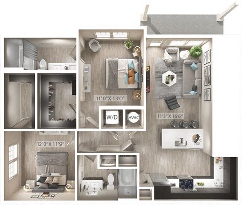 Floor plan for 2 beds, 2 baths, 1080 sqft