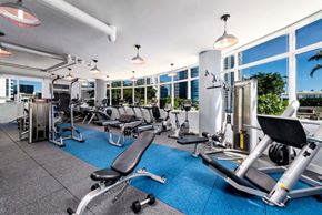 Fort Lauderdale apartment for rent - an image of a gym with cardio equipment and a large window with a view of the city at Regatta at New River, Florida, 33301