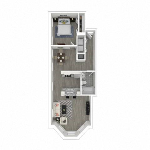 Floor plan for 1 bed, 1 bath, 634 sqft