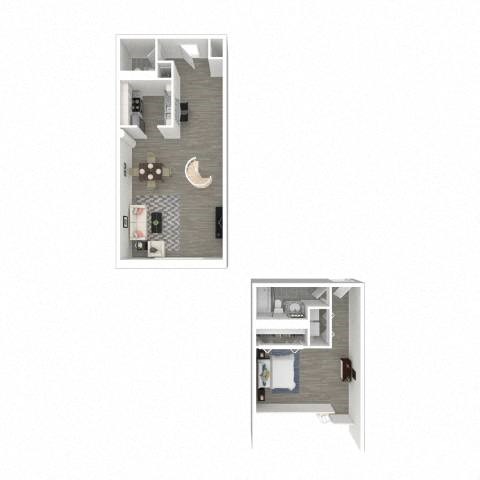 Floor plan for 1 bed, 1.5 baths, 968 sqft