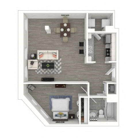 Floor plan for 1 bed, 1 bath, 765 sqft