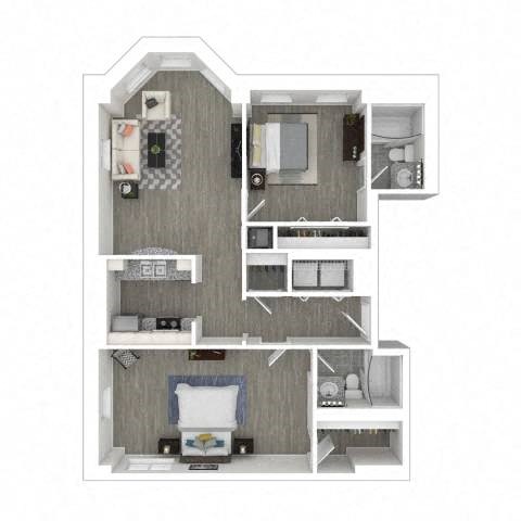 Floor plan for 2 beds, 2 baths, 979 sqft