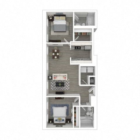 Floor plan for 2 beds, 2 baths, 796 sqft
