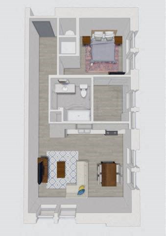 Floor plan for 1 bed, 1 bath, 631 sqft