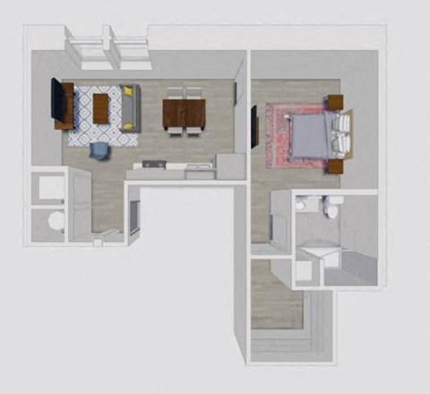 Floor plan for 1 bed, 1 bath, 631 sqft