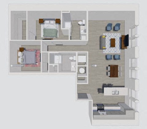 Floor plan for 2 beds, 2 baths, 1050 sqft