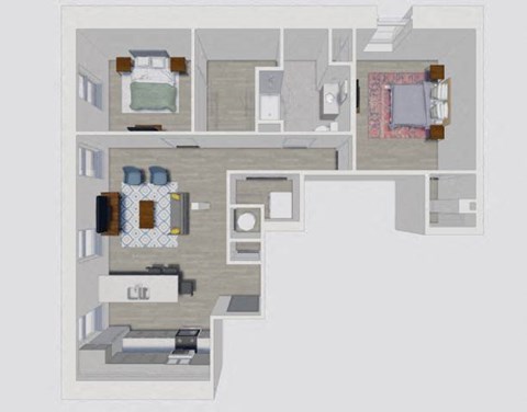 Floor plan for 2 beds, 1 bath, 1067 sqft