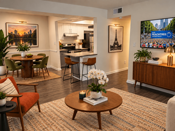Atlanta apartment for rent - A living room with a dining table and chairs, a sofa, a coffee table, and a television displaying the Peachtree logo.