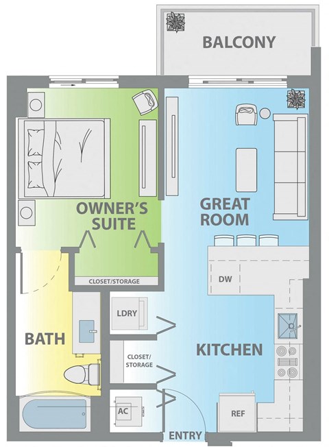 Floor plan for 1 bed, 1 bath, 505 sqft