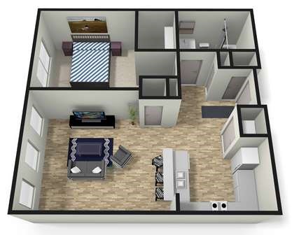 Floor plan for 1 bed, 1 bath, 725 sqft