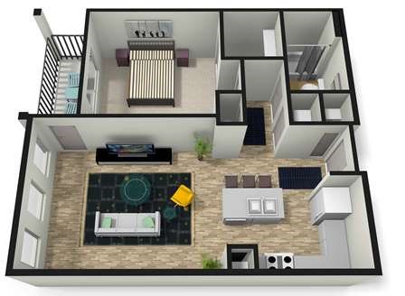 Floor plan for 1 bed, 1 bath, 851 sqft