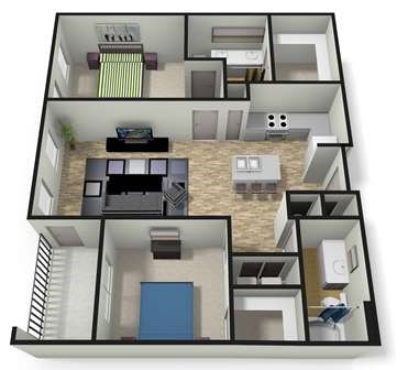 Floor plan for 2 beds, 2 baths, 1166 sqft