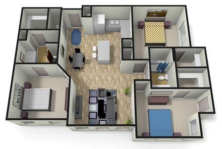 Floor plan for 3 beds, 2 baths, 1302 sqft