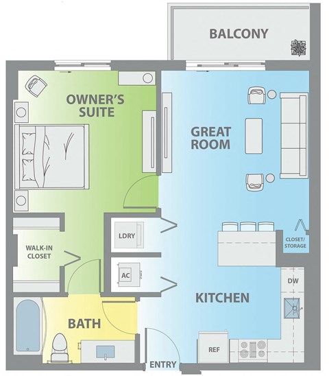 Floor plan for 1 bed, 1 bath, 660 sqft