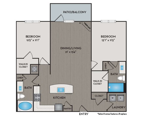 Floor plan for 2 beds, 2 baths, 1129 sqft