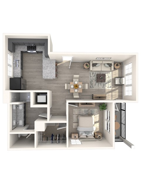 Floor plan for 1 bed, 1 bath, 750 sqft
