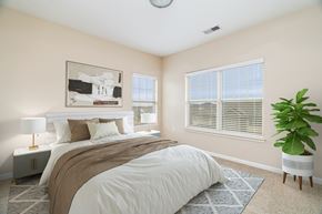Johnson City apartment for rent - A bedroom with a large bed and a plant.