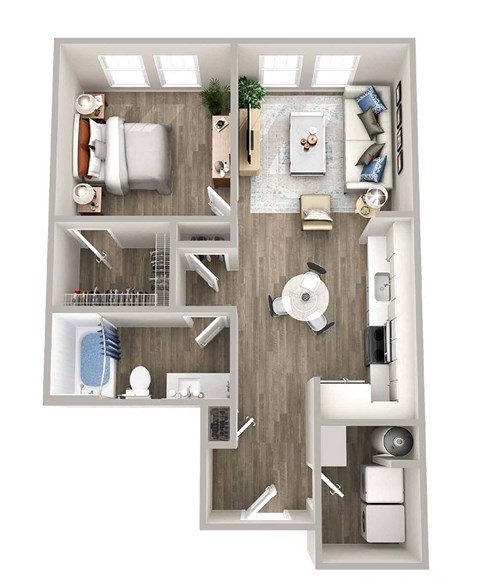 Floor plan for 1 bed, 1 bath, 707 sqft