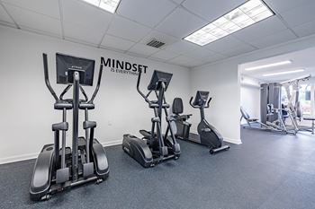 A gym with a row of treadmills and elliptical machines