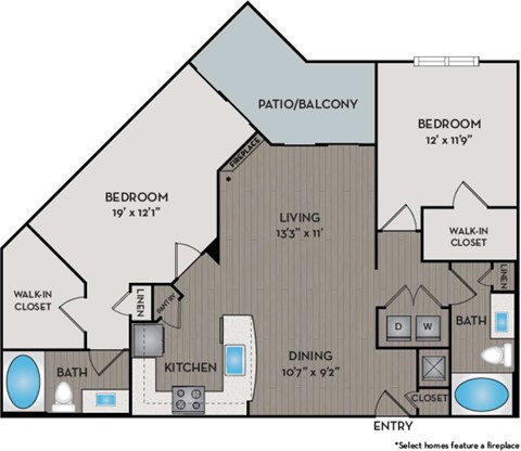 Floor plan for 2 beds, 2 baths, 1158 sqft