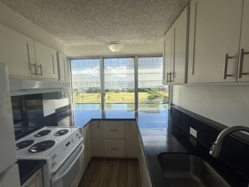 Honolulu condo for rent - A kitchen with white cabinets and black countertops.
