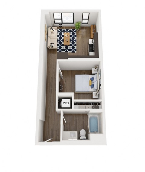 Floor plan for 1 bed, 1 bath, 586 sqft