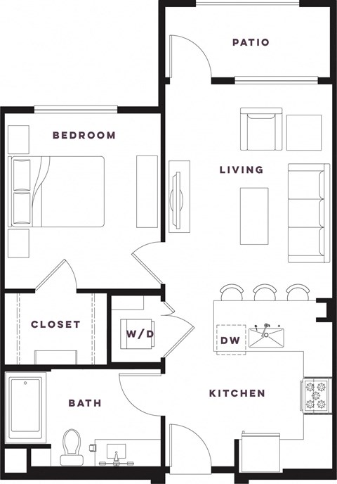 Floor plan for 1 bed, 1 bath, 671 sqft