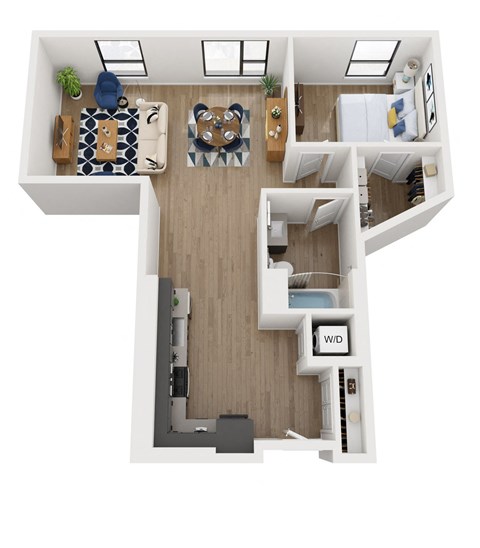Floor plan for 1 bed, 1 bath, 888 sqft