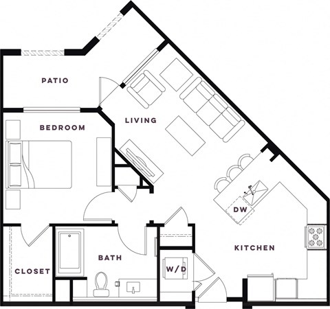 Floor plan for 1 bed, 1 bath, 728 sqft